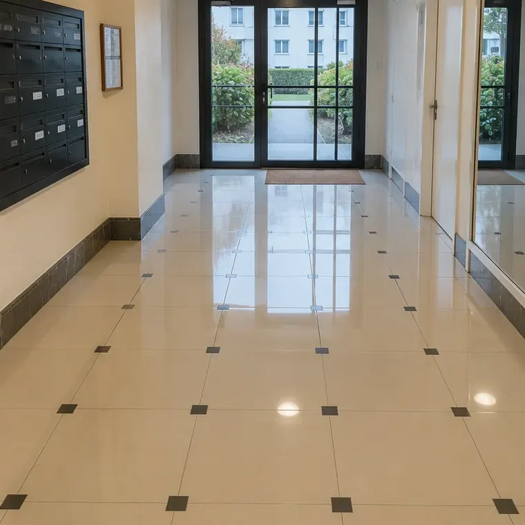 Hall de copropriété — sol carrelé après nettoyage