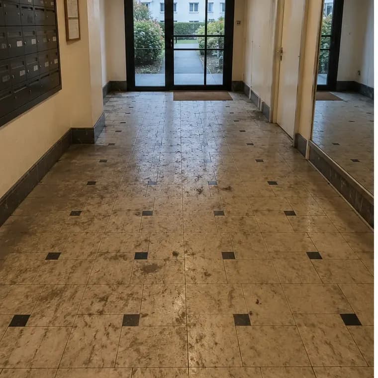 Hall de copropriété — sol carrelé avant nettoyage