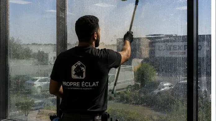 Agent Propre Éclat nettoyant une vitre à la raclette dans un bureau à Caen