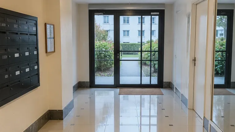 Agent Propre Éclat lustrant le sol d'un hall d'immeuble à Caen